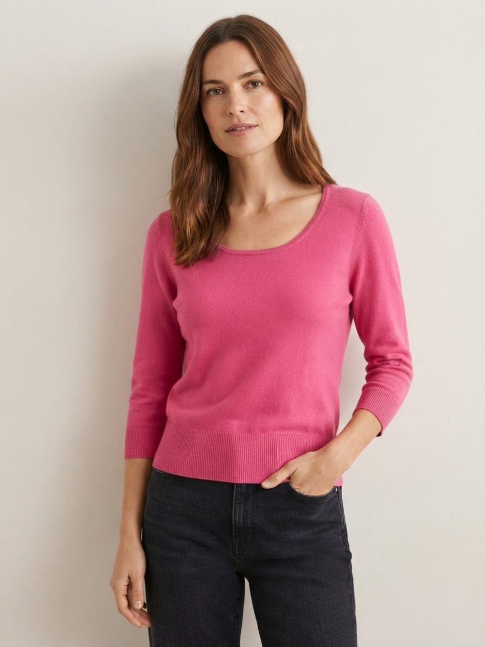 Pure Collection Sz 6 100% Cashmere Pink Knit 3/4 Sleeves Sweater